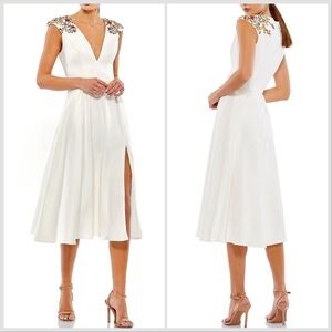 Mac Duggal White Midi Dress with Multicolor Embellished Shoulders
